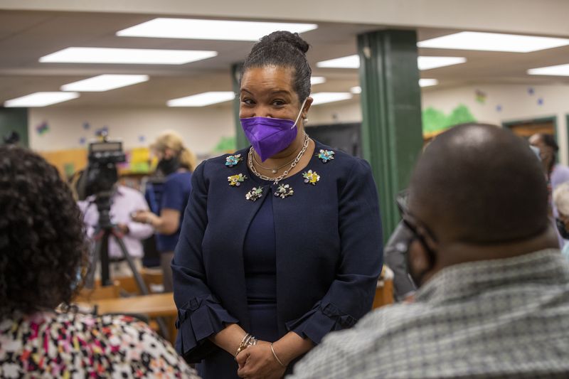 DeKalb County School District Superintendent Cheryl Watson-Harris greets parents during a tour and visit to Kelley Lake Elementary School in Decatur, Friday, July 23, 2021. (Alyssa Pointer/Atlanta Journal Constitution)