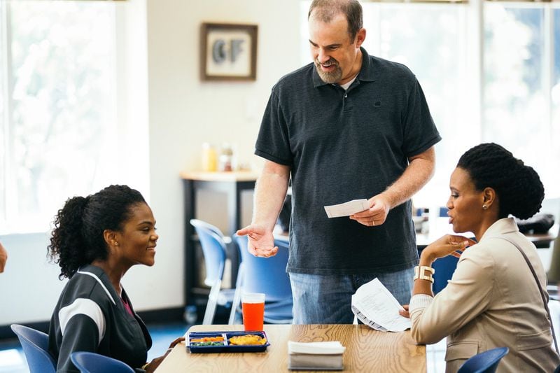 Director Alex Kendrick gives notes to actors Priscilla Shirer (Principal Brooks) and Aryn Wright-Thompson (Hannah) between takes in filming “Overcomer.” CONTRIBUTED BY SARA BURNS / AFFIRM/ SONY