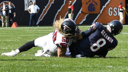 Brooks Reed (50) of the Atlanta Falcons sacks quarterback  Mike Glennon (8) of the Chicago Bears in the fourth quarter at Soldier Field on September 10, 2017 in Chicago, Illinois.  (Photo by David Banks/Getty Images)