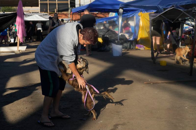 A man and his dog reunite at a shelter providing refuge for dogs evacuated from areas flooded by heavy rains, in Canoas, Rio Grande do Sul state, Brazil, Thursday, May 9, 2024. (AP Photo/Andre Penner)