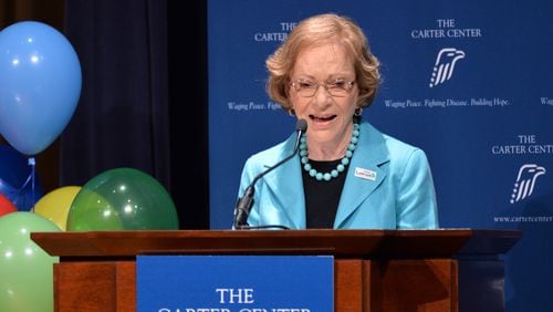 Former first lady Rosalynn Carter speaks during an dedication ceremony and 90th birthday celebration with staff and guests at the Day Chapel of the Ivan Allen III Pavilion at the Carter Center on Wednesday, October 1, 2014. HYOSUB SHIN / HSHIN@AJC.COM