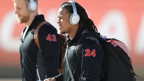 January 29, 2017, Houston: Falcons fullback Patrick DiMarco and running back Devonta Freeman arrive at George W. Bush Intercontinental Airport for the Super Bowl on Sunday, Jan. 29, 2017, in Houston. Curtis Compton/ccompton@ajc.com