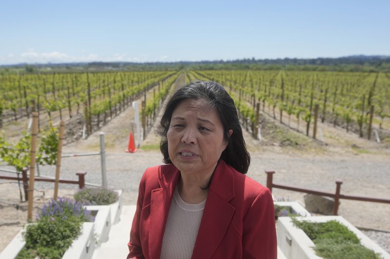 Acting United States Secretary of Labor Julie Su speaks at a news conference at Balletto Vineyards in Santa Rosa, Calif., Friday, April 26, 2024. Temporary farmworkers workers are getting more legal protections against employer retaliation, unsafe working conditions, illegal recruitment and other abuses. The rule announced Friday by the Biden administration aims to bolster support workers on H-2A visas. (AP Photo/Jeff Chiu)