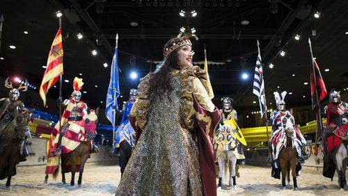 11-9-18 - Lawrenceville, GA - Ashlyn Süpper, 20, who plays Queen Doña Maria Isabella, looks back during a mock performance hours before the new show’s opening night at Medieval Times Dinner & Tournament at Sugarloaf Mills in Lawrenceville, Ga., on Friday, Nov. 9, 2018. For the first time in its nearly 35 year history, the show is introducing a queen into its performance. (Casey Sykes for The Atlanta Journal-Constitution)