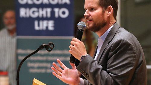 Shawn Carney, the creator of 40 Days For Life, speaks to more than 200 anti-abortion activists during a kickoff program for a 40 day vigil at St. Joseph Catholic Church on Tuesday, Sept. 24, 2019, in Marietta. Curtis Compton/ccompton@ajc.com