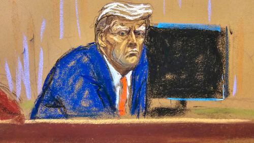 In this courtroom sketch, former President Donald Trump turns to face the audience at the beginning of his trial over charges that he falsified business records to conceal money paid to silence porn star Stormy Daniels in 2016, in Manhattan state court in New York, Monday, April 15, 2024. (Jane Rosenberg/Pool Photo via AP)