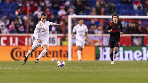 Atlanta United defender Brooks Lennon #11 dribbles the ball during the match against New York Red Bulls at Red Bull Arena in Harrison, New Jersey on Wednesday November 3, 2021. (Photo by Jacob Gonzalez/Atlanta United)