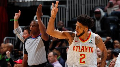 Tyler Dorsey  of the Atlanta Hawks reacts after hitting a three-point basket against the Brooklyn Nets at Philips Arena on January 12, 2018 in Atlanta, Georgia.    (Photo by Kevin C. Cox/Getty Images)