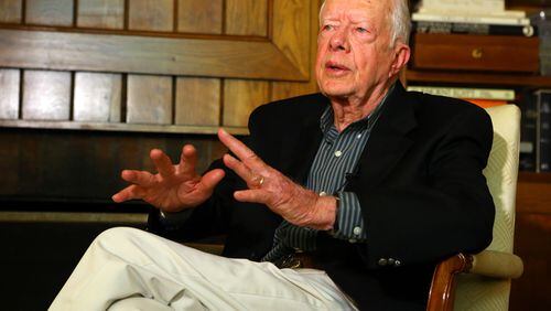Jimmy Carter discusses his role in his grandson Jason Carter's gubernatorial campaign on Monday, July 14, 2014, in Plains. CURTIS COMPTON / CCOMPTON@AJC.COM In this 2014 photo, Jimmy Carter discusses his role in his grandson Jason Carter's gubernatorial campaign. Curtis Compton, ccompton@ajc.com