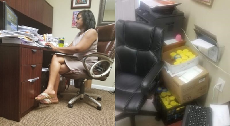 These are photos that Malika Gonzales said she took inside Ginari Price's office that appear to show dozens of urine samples in an open box and hundreds of pieces of paperwork scattered on her desk.