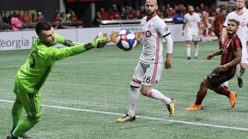 October 30, 2019 Atlanta: Atlanta United forward Josef Martinez looks on as Toronto FC goalkeeper Quentin Westberg deflects the ball during the first half in the Eastern Conference Final on Wednesday, October 30, 2019, in Atlanta.   Curtis Compton/ccompton@ajc.com
