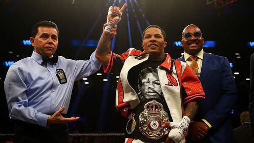 Gervonta Davis celebrates after he TKO's Jesus Cuellar in the third round to win the WBA Super Featherweight Championship bout at Barclays Center on April 21, 2018 in New York City.  (Photo by Mike Stobe/Getty Images)