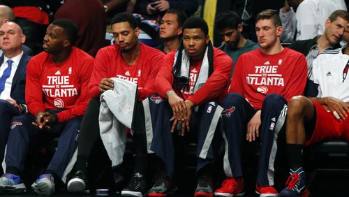 Atlanta Hawks players watch the final seconds from the bench during second half against Brooklyn Nets in game three of the first round of the NBA Playoffs at Barclays Center. The Brooklyn Nets won 91-86. Mandatory Credit: Noah K. Murray-USA TODAY Sports