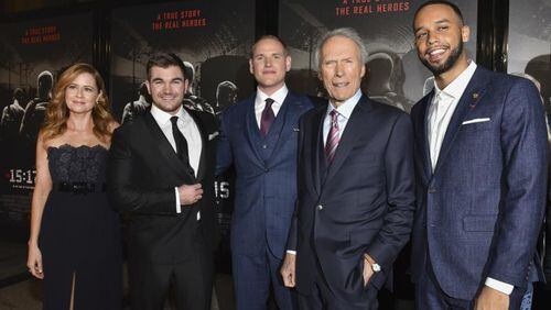 Jenna Fischer, Alek Skarlatos, Spencer Stone, Clint Eastwood and Anthony Sadler at the Burbank, Calif. premiere of “The 15:17 to Paris.” Photo by Rodin Eckenroth/Getty Images