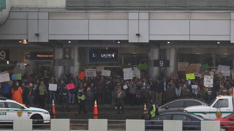Protesters at airports across the nation, like Miami International pictured here, Atlanta's Hartsfield-Jackson, LAX, Washington Dulles, and more demonstrated for a second striaght day against President Donald Trump's executive order banning citizens from seven majority-Muslim nations from entering the U.S. for 90 days.