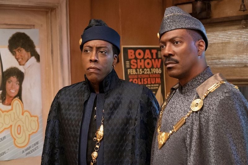 Arsenio Hall, left, and Eddie Murphy return to their roles as Semmi and King Akeem in the sequel to "Coming to America."