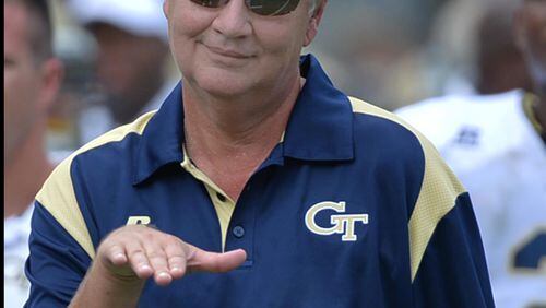 August 31, 2013 - Atlanta: After every major Georgia Tech play, I turn my attention to the Georgia Tech sideline to get the reaction of Georgia Tech head coach Paul Johnson. After quarterback Justin Thomas ran for a touchdown in the fourth quarter against Elon, Coach Johnson gestured that he wanted him to go down and not to score. His expression combined with his gesture and shades makes him look like a rapper. Tech won the game 70-0. Camera Nikon D4, Lens 500mm f4, ISO 320, Aperture f4, Shutter speed 1000. JOHNNY CRAWFORD / JCRAWFORD@AJC.COM Georgia Tech coach Paul Johnson doesn't think highly of recruiting rankings. (Johnny Crawford/AJC)