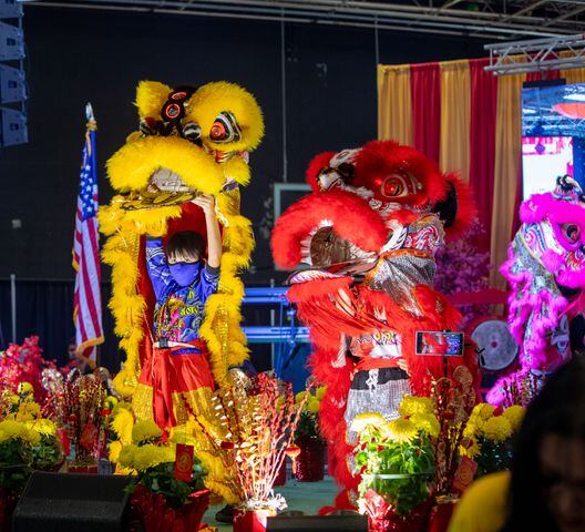 The Vietnamese American Community of Georgia hosts a Lunar New Year celebration at Plaza Las Americas in Lilburn on Saturday, Feb 3, 2024 where dragon and lion dancing begins the weekend.  The celebration continues on Sunday and includes traditional food, music and cultural festivities.  (Jenni Girtman for The Atlanta Journal-Constitution)