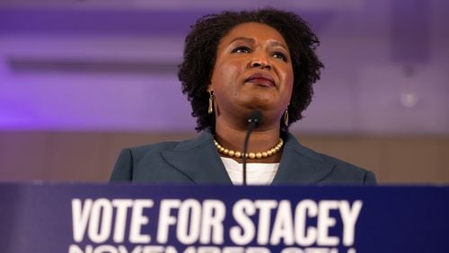 Democratic gubernatorial candidate Stacey Abrams makes a concession speech to supporters during an election-night party on Nov. 8, 2022, in Atlanta, Georgia. Abrams lost in her bid for governor to incumbent Gov. Brian Kemp in a rematch of their 2018 race. (Jessica McGowan/Getty Images/TNS)