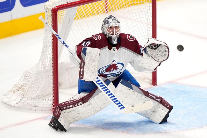 Colorado Avalanche goaltender Alexandar Georgiev defends against a shot by the Dallas Stars in the third period in Game 2 of an NHL hockey Stanley Cup second-round playoff series in Dallas, Tuesday, May 7, 2024. (AP Photo/LM Otero)