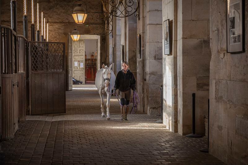 A horsewoman leads her horse in the royal stables, in Versailles, Thursday, April 25, 2024. More than 340 years after the royal stables were built under the reign of France's Sun King, riders and horses continue to train and perform in front of the Versailles Palace. The site will soon keep on with the tradition by hosting the equestrian sports during the Paris Olympics. Commissioned by King Louis XIV, the stables have been built from 1679 to 1682 opposite to the palace's main entrance. (AP Photo/Aurelien Morissard)