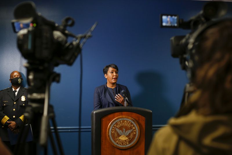 Atlanta Mayor Keisha Lance Bottoms speaks at Tuesday's press conference focused on public safety. (Rebecca Wright for the Atlanta Journal-Constitution)