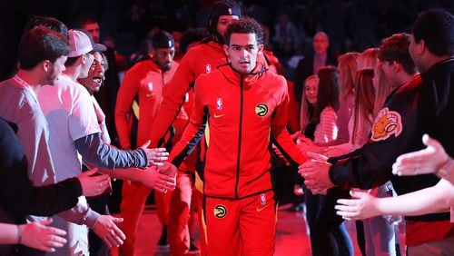 Hawks guard Trae Young takes the court to play the Phoenix Suns Tuesday, Jan. 14, 2020, at State Farm Arena in Atlanta.