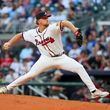 Atlanta Braves starting pitcher Spencer Schwellenbach (56) delivers to a Washington Nationals batter during the second inning at Truist Park, Wednesday, May 29, 2024, in Atlanta. Atlanta right-hander Spencer Schwellenbach makes his major league debut Wednesday night. (Jason Getz / AJC)
