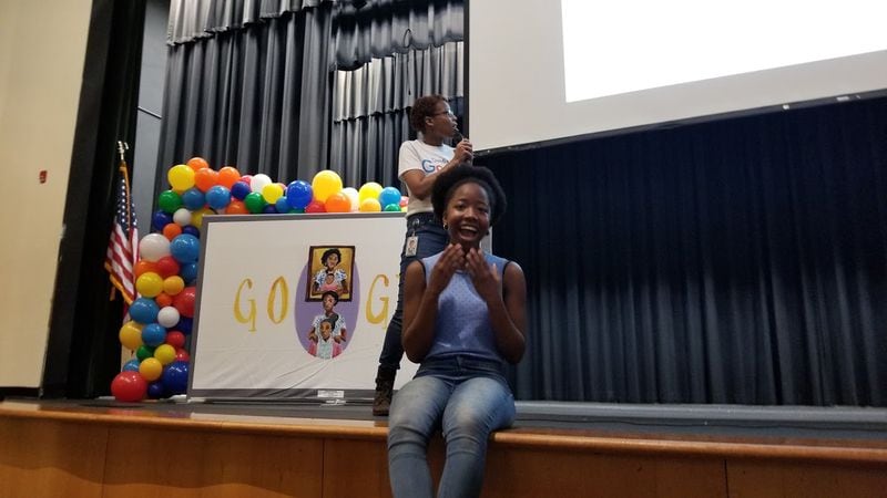 This is the moment from the gathering at Arabia Mountain High School when Arantza Pena Popa learned she had been chosen as the doodle winner for Georgia.