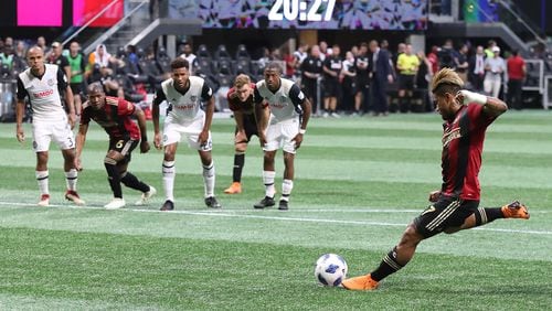 June 2, 2018 Atlanta: Atlanta United Josef Martinez scores a goal on a penalty kick against Philadelphia Union for a 1-0 lead during the first half in a MLS soccer match on Saturday, June 2, 2018, in Atlanta.  Curtis Compton/ccompton@ajc.com