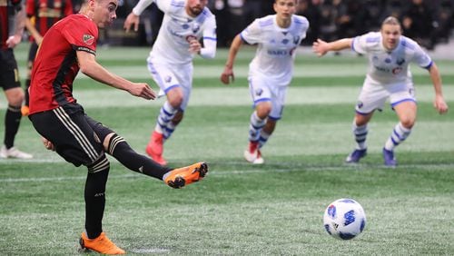 Atlanta United midfielder Miguel Almiron scores on a penalty kick to tie the game 1-1 against Montreal Impact during the second half in a MLS soccer game on Saturday, April 28, 2018, in Atlanta.  Curtis Compton/ccompton@ajc.com
