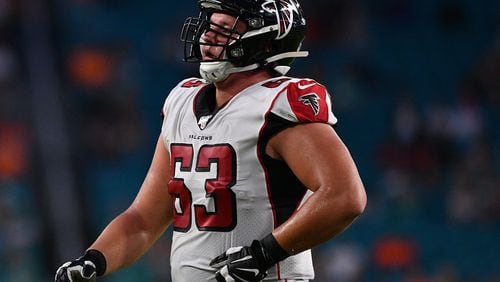 Chris Lindstrom #63 of the Atlanta Falcons lines up in the first quarter during a preseason game against the Miami Dolphins at Hard Rock Stadium on August 8, 2019 in Miami, Florida. (Photo by Mark Brown/Getty Images)