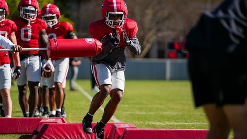 Georgia running back Trevor Etienne (1) during Georgia’s practice session in Athens, Ga., on Tuesday, March 19, 2024. (Tony Walsh/UGAAA)