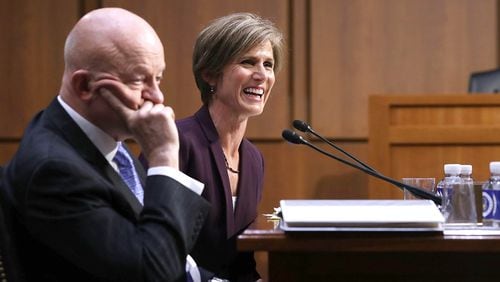 Sally Yates, former acting attorney general, with James Clapper, former director of national intelligence, when the two testified before a Senate subcommittee last week. (Associated Press)