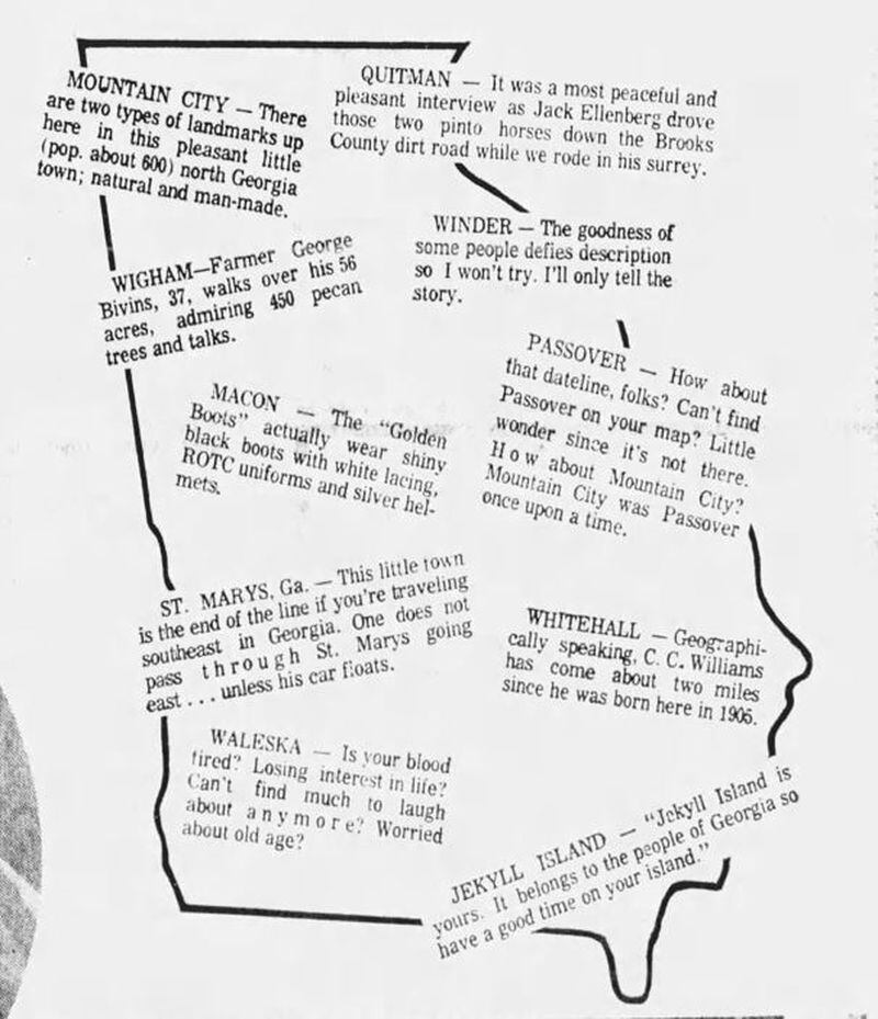 The 1972 promotional ad in The Atlanta Constitution included this map, with snippets from some of Bob Harrell's stories.