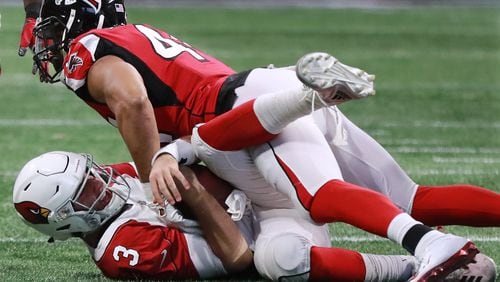 Vic Beasley sacks Cardinals quarterback Josh Rosen during the second half on Sunday, Dec 16, 2018, in Atlanta.