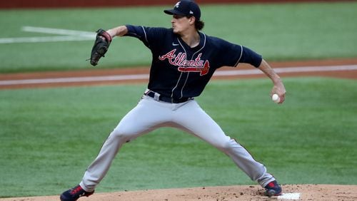 Atlanta Braves starting pitcher Max Fried delivers against the Los Angeles Dodgers during the first inning in Game 6 of the National League Championship Series on Saturday, Oct. 17, 2020, at Globe Life Field in Arlington, Texas. (Curtis Compton/Atlanta Journal-Constitution/TNS)