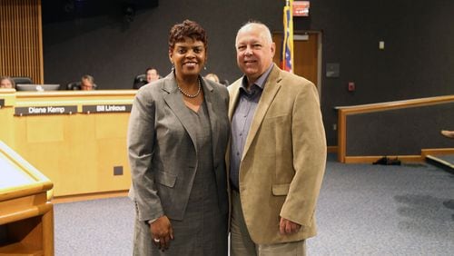 Gwinnett County District 4 Commissioner John Heard with retired Gwinnett County Public Schools Associate Superintendent Dr. Francis E. Davis upon her appointment to the Gwinnett Hospital Authority Board of Directors. Courtesy Gwinnett County