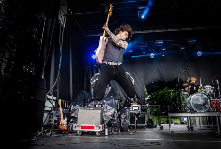 Atlanta, Ga: Bad Nerves killed with high flying acrobats and punk songs to an audience of crowd-surfing fanatics. Photo taken Saturday May 4, 2024 at Central Park, Old 4th Ward.  (RYAN FLEISHER FOR THE ATLANTA JOURNAL-CONSTITUTION)