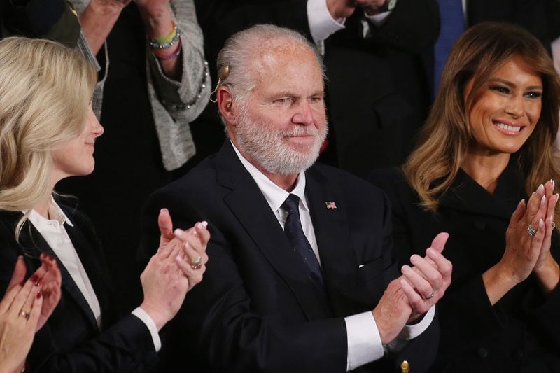 Radio personality Rush Limbaugh and wife Kathryn, left, attend the State of the Union address with first lady Melania Trump in the chamber of the U.S. House of Representatives on Feb. 4, 2020 in Washington, D.C. (Mario Tama/Getty Images/TNS)
