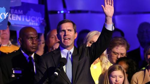 LOUISVILLE, KY - NOVEMBER 05:  Apparent Gov.-elect Andy Beshear celebrates with supporters after voting results showed the Democrat holding a slim lead over Republican Gov. Matt Bevin at C2 Event Venue on November 5, 2019 in Louisville, Kentucky. Bevin, who enjoyed strong support from President Donald Trump, did not concede after results showed Beshear leading 49.2 percent to 48.8 percent, a difference of less than 6,000 votes, with 100 percent of precincts reporting.  (Photo by John Sommers II/Getty Images)