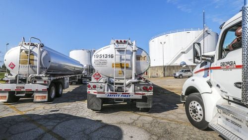 Tanker trucks are shown on September 16, 2016 at the Kinder Morgan terminal in Doraville where gasoline is distributed from the Colonial pipeline. Prices jumped this week because of the prospect of tight supply stemming from a pipeline leak in Alabama. JOHN SPINK /JSPINK@AJC.COM