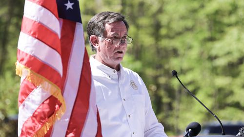 Mark Williams, Commissioner at Georgia Department of Natural Resources speaks during a ceremony unveiling the first ever Rivian electric vehicle chargers at Tallulah Gorge State Park on Thursday, April 20, 2023. (Natrice Miller/ natrice.miller@ajc.com)