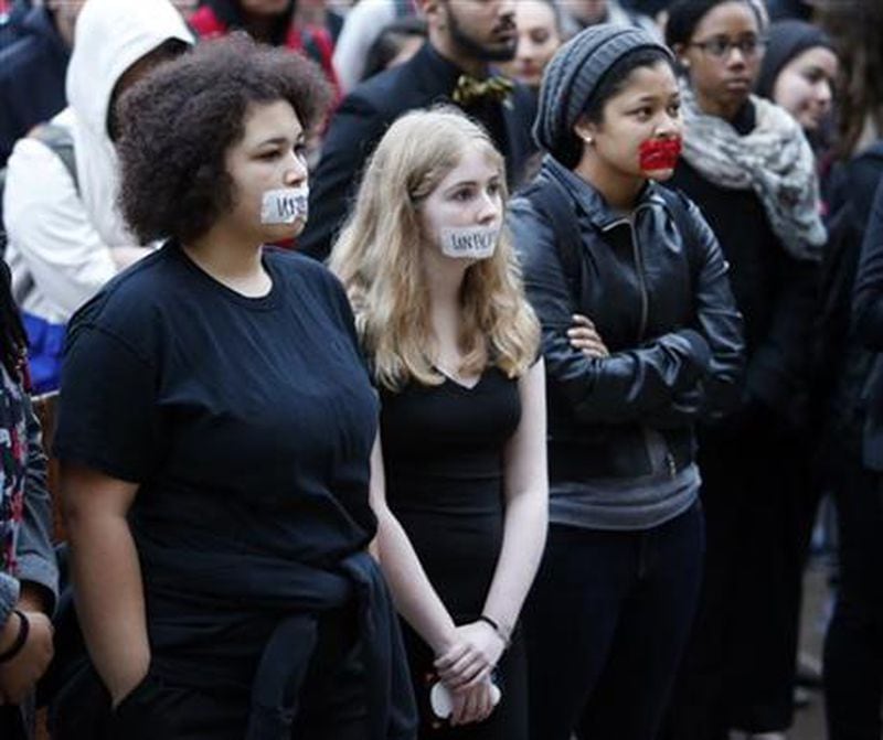 University of Oklahoma students held a dawn protest today of a racist video released Sunday night. (AP Photo)