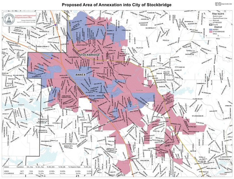 The city of Stockbridge would grow by about 6,700 residents if voters approve annexation of the areas in blue on this map.