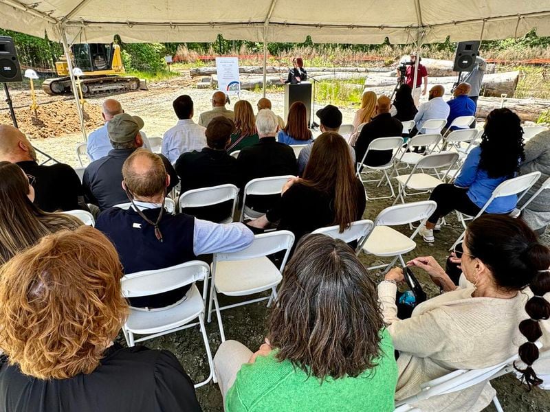 Attendees listen to a speaker at the groundbreaking ceremony for Beaver Ruin Wetland Park in unincorporated Duluth on Monday. (Photo Courtesy of Bruce Johnson)