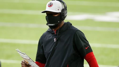 Raheem Morris, in his first game as Falcons' interim head coach, watches during the first half against the Minnesota Vikings, Sunday, Oct. 18, 2020, in Minneapolis. (Bruce Kluckhohn/AP)