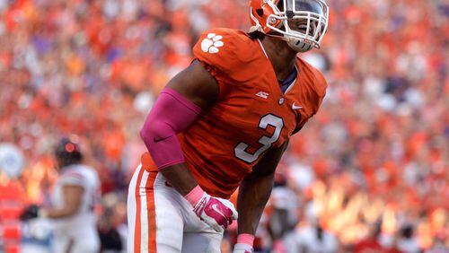 CLEMSON, SC - OCTOBER 11: Vic Beasley #3 of the Clemson Tigers reacts after blocking a pass attempt against the Louisville Cardinals during the game at Memorial Stadium on October 11, 2014 in Clemson, South Carolina. (Photo by Tyler Smith/Getty Images)