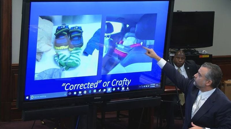 Defense attorney Maddox Kilgore attacks the accuracy of the state's 3-D recreation of the SUV scene, during his closing argument in the murder trial of Justin Ross Harris at the Glynn County Courthouse in Brunswick, Ga., on Monday, Nov. 7, 2016. (screen capture via WSB-TV)