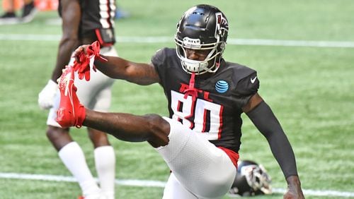 September 3, 2020 Atlanta - Atlanta Falcons wide receiver Laquon Treadwell (80) gets loose for a scrimmage during an NFL football training camp practice at Mercedes-Benz Stadium on Thursday, September 3, 2020. (Hyosub Shin / Hyosub.Shin@ajc.com)